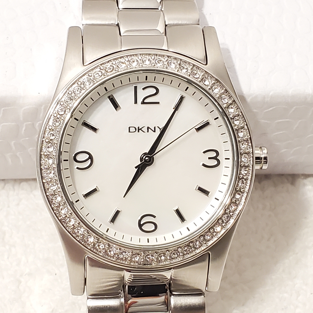 DKNY Women's Stainless Steel Watch Mother Pearl Dial Crystals Bezel WR 50 Meters